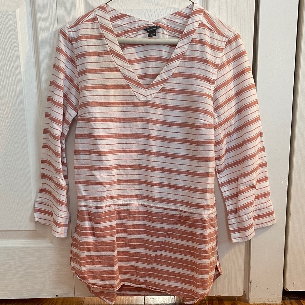 Eddie Bauer Coral and White Striped V-Neck Tunic